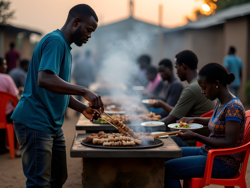 Local street food vendors in evening light in Garoua with customers dining