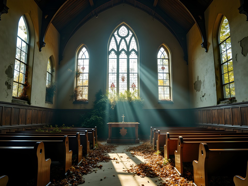 Abandoned City Methodist Church in Gary with autumn foliage growing through broken windows