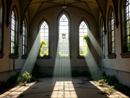 Lionel Khan examining architectural details inside abandoned City Methodist Church with sunbeams streaming through broken windows