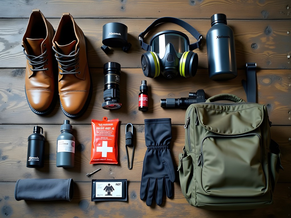 Essential urban exploration gear layout including boots, headlamp, respirator, and water bottle