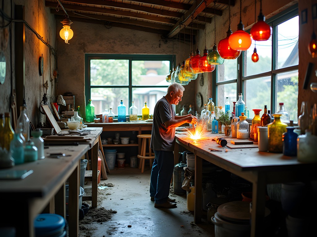 Artist working with recycled glass in hidden George Town studio