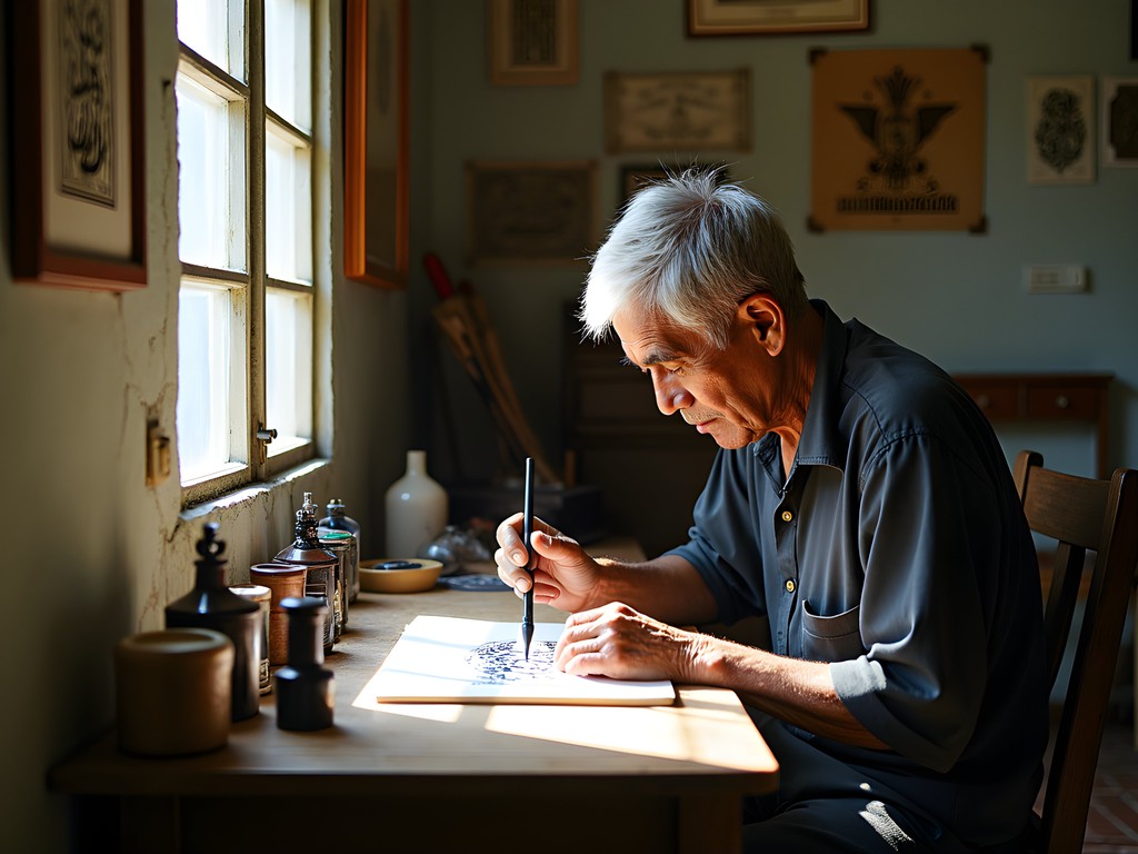 Traditional calligrapher creating art in hidden George Town studio