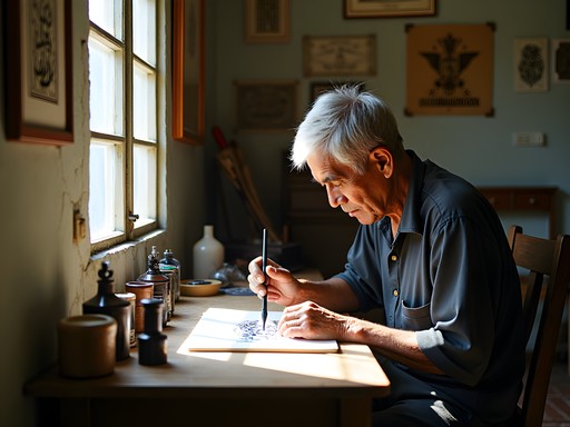 Traditional calligrapher creating art in hidden George Town studio