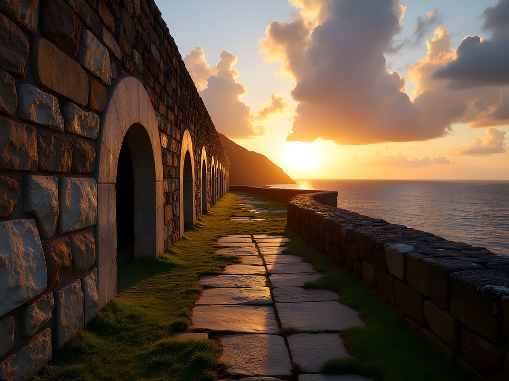 Colonial fort ruins at sunset in Georgetown, Saint Vincent with Caribbean Sea view