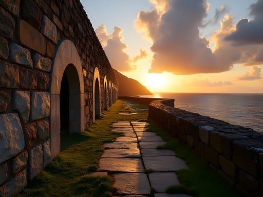 Colonial fort ruins at sunset in Georgetown, Saint Vincent with Caribbean Sea view