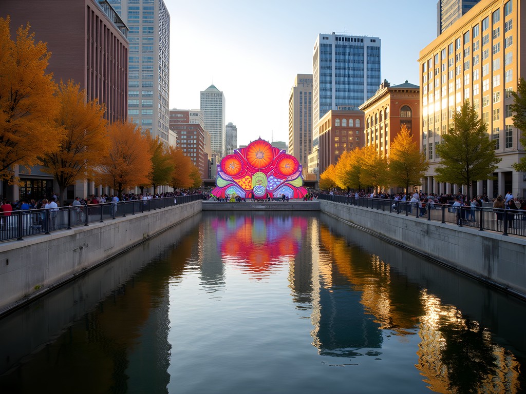 Colorful ArtPrize installation along the Grand River in downtown Grand Rapids