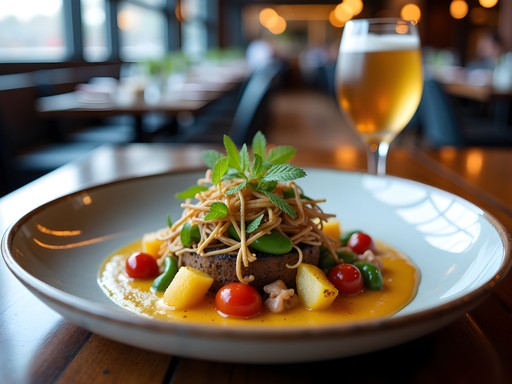 Elegantly plated farm-to-table dish featuring seasonal Michigan ingredients