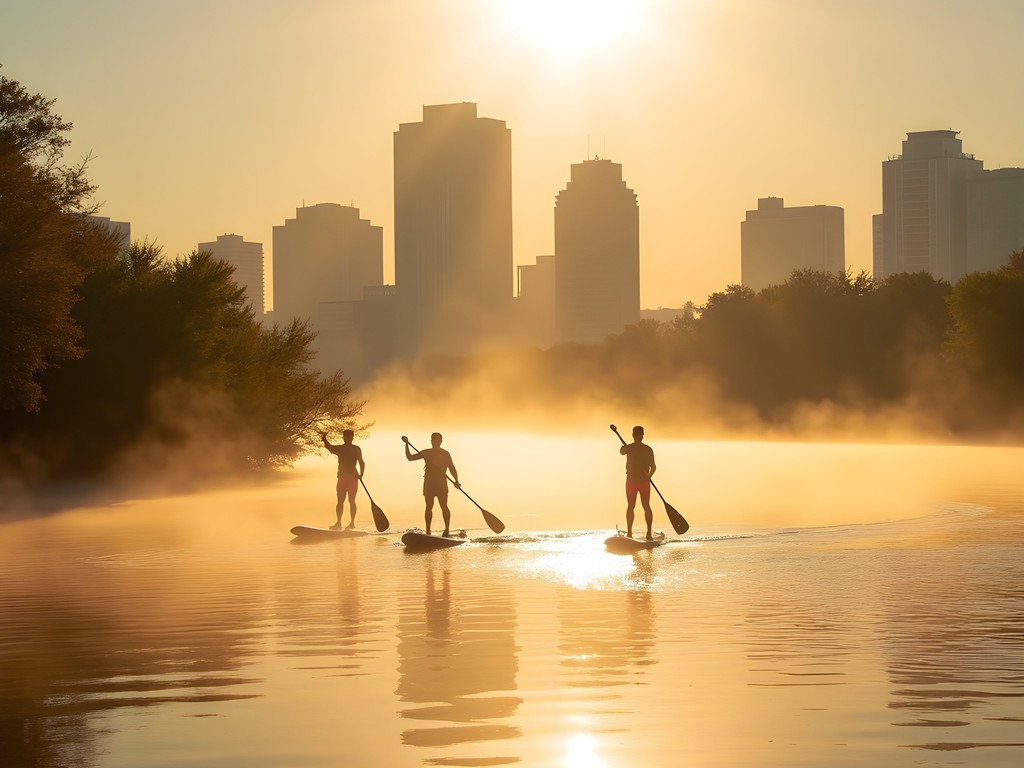 Morning mist on the Grand River with paddleboarders and city skyline