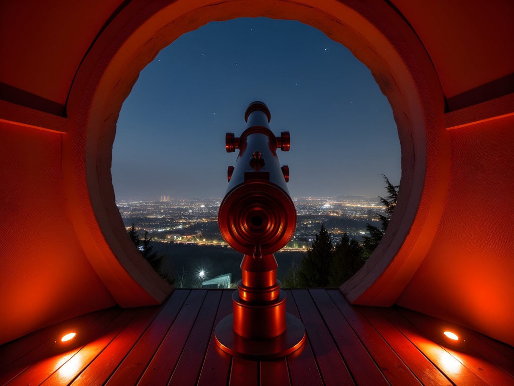 Historic brass telescope in small domed observatory overlooking nighttime Graz