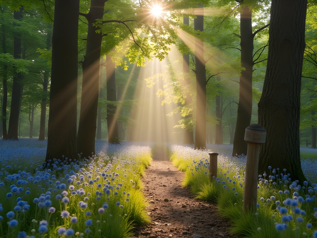 Sunlight filtering through diverse tree species on a path in Leechwald forest, Graz
