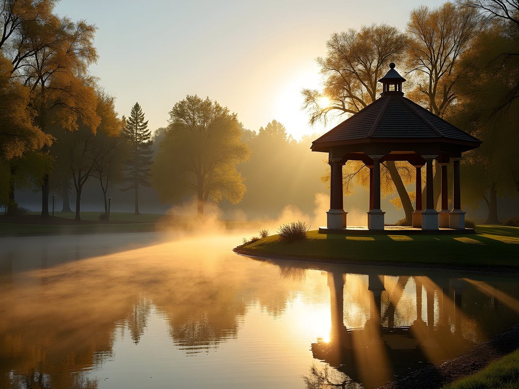 Sunrise at Gibson Park in Great Falls with historic bandshell illuminated by golden morning light