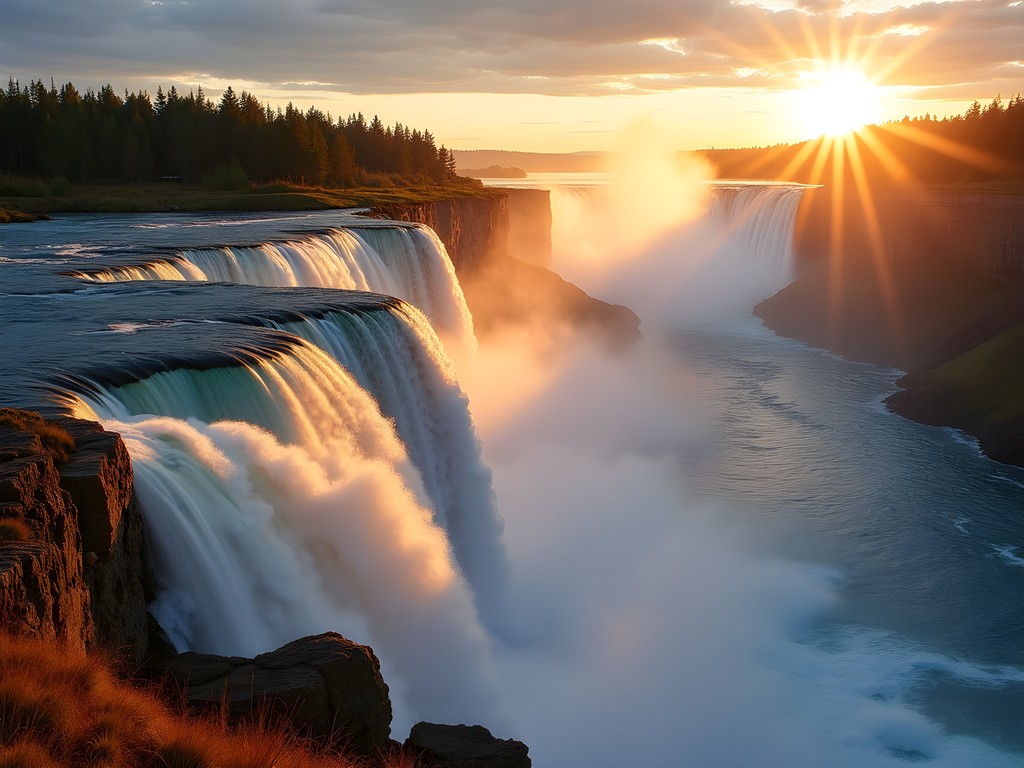 Morning light illuminating the Missouri River and waterfalls in Great Falls, Montana