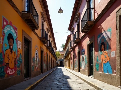 Hidden alleyway with contemporary street art contrasting with colonial architecture in Guadalajara's historic center