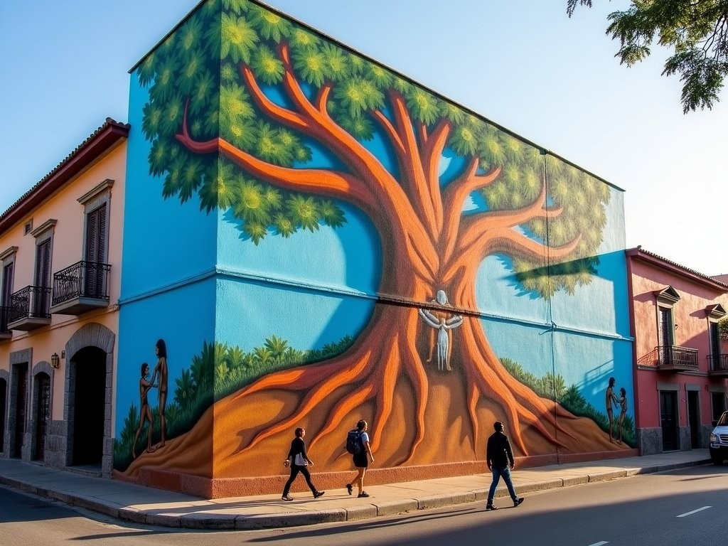 Colorful street art mural in Guadalajara's Chapultepec neighborhood showing indigenous heritage