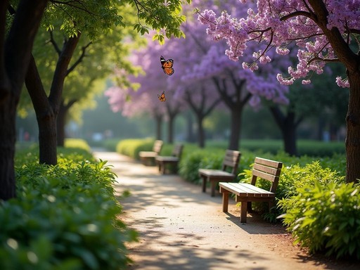 Peaceful garden setting in Parque Agua Azul with butterflies and flowering trees