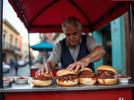 Local street food vendor preparing traditional tortas ahogadas in Guadalajara