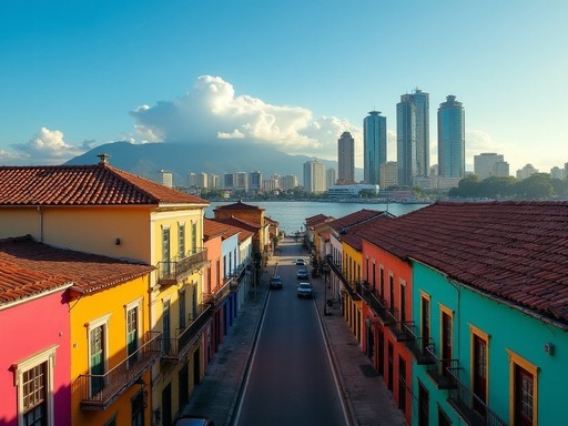 Architectural contrast in Guayaquil showing historic buildings juxtaposed with modern skyscrapers