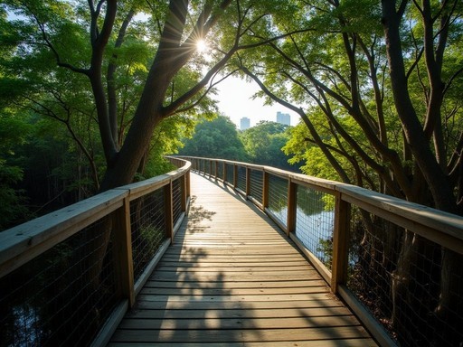 Elevated wooden boardwalk through mangroves on Isla Santay near Guayaquil