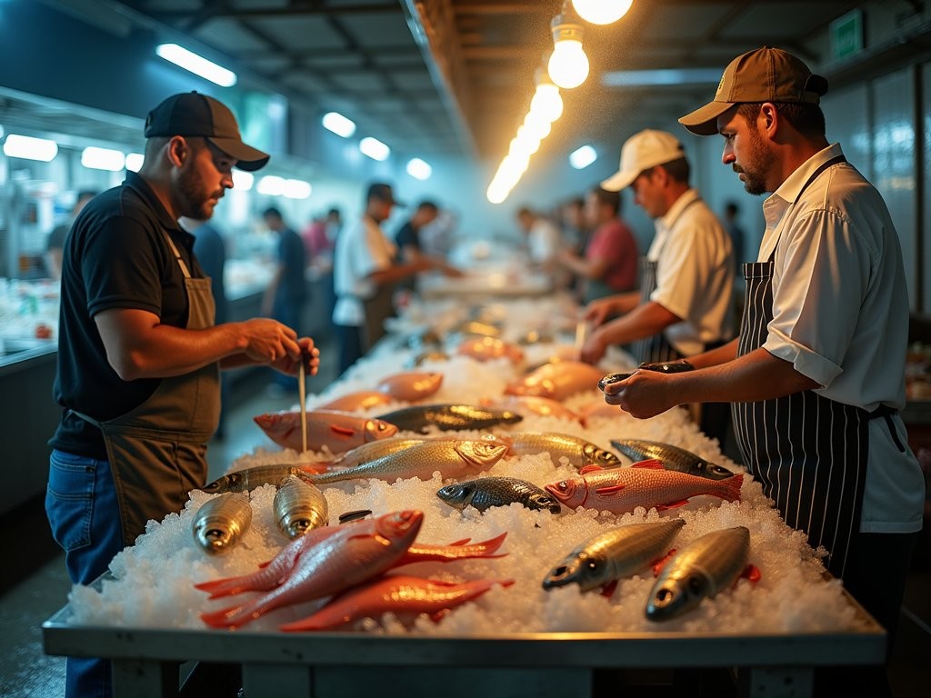 Early morning activity at Mercado Sur fish market in Guayaquil