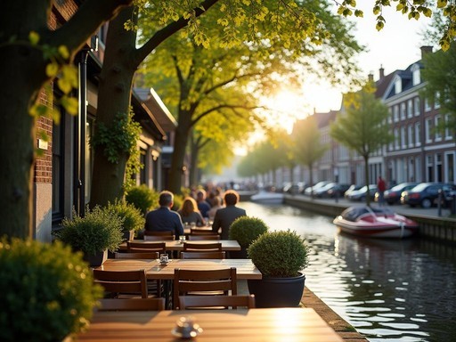 Canal-side café in Haarlem with outdoor seating and historic Dutch architecture