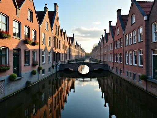 Picturesque canal in Haarlem with historic buildings reflected in calm water during spring