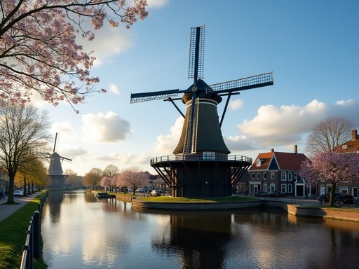 De Adriaan windmill in Haarlem along the Spaarne River in spring with blooming trees