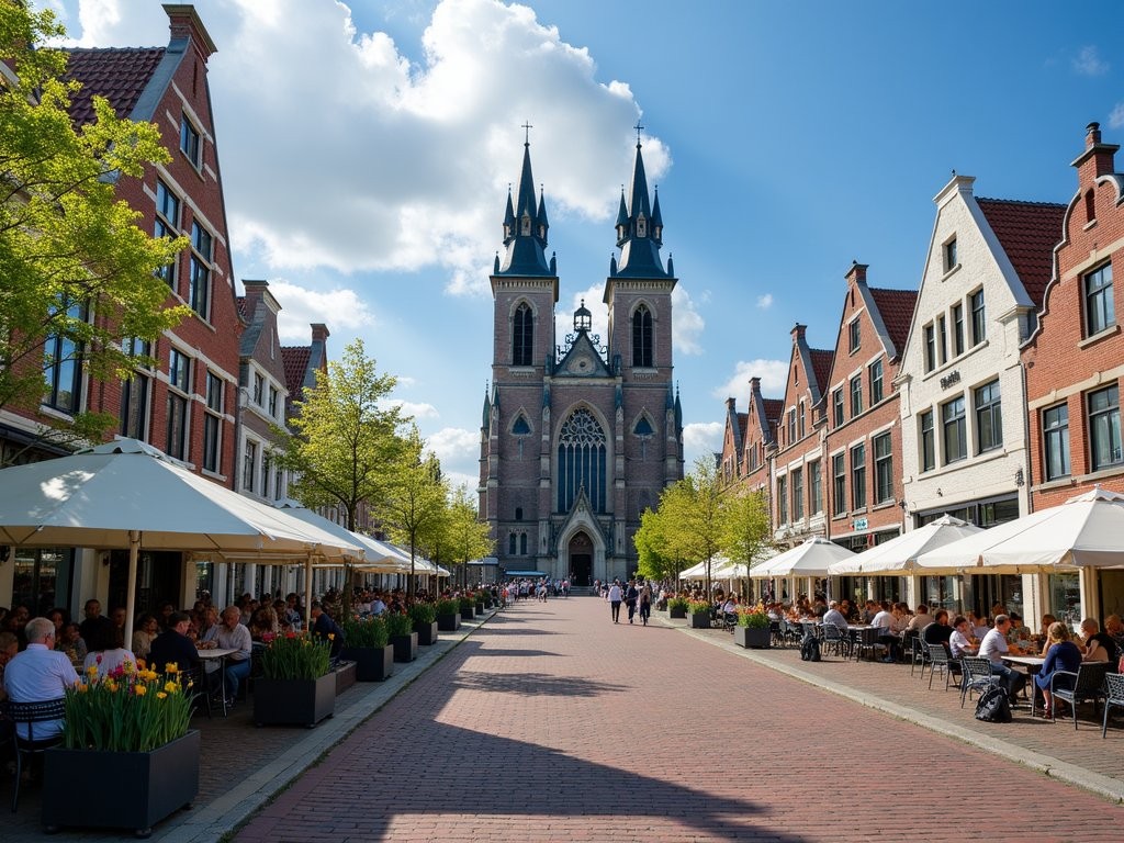 Haarlem's historic Grote Markt square with outdoor cafes and the Gothic St. Bavo's Church in spring