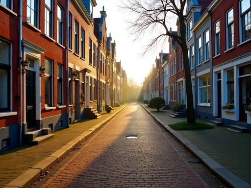 Empty morning street in Haarlem's historic center with golden light on traditional Dutch architecture