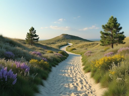 Cycling path through blooming coastal dunes near Haarlem in spring