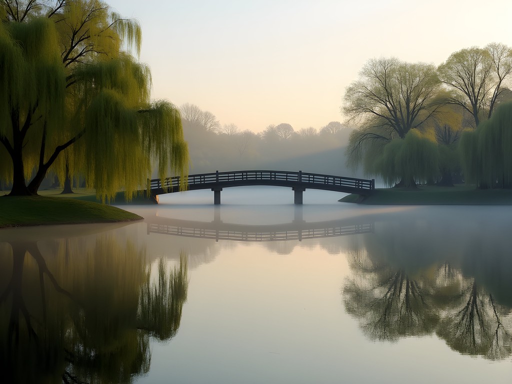 Serene morning at Italian Lake Park in Harrisburg with fog rising from water