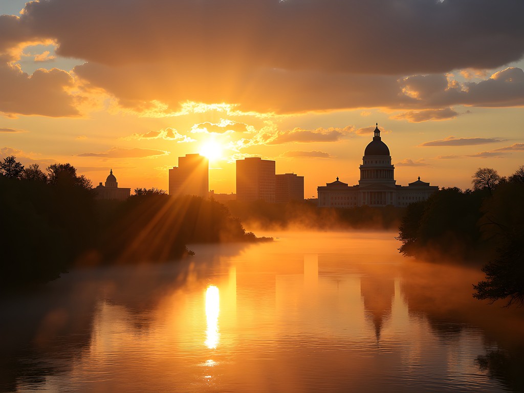 Misty dawn view of Harrisburg skyline from Susquehanna River with golden morning light