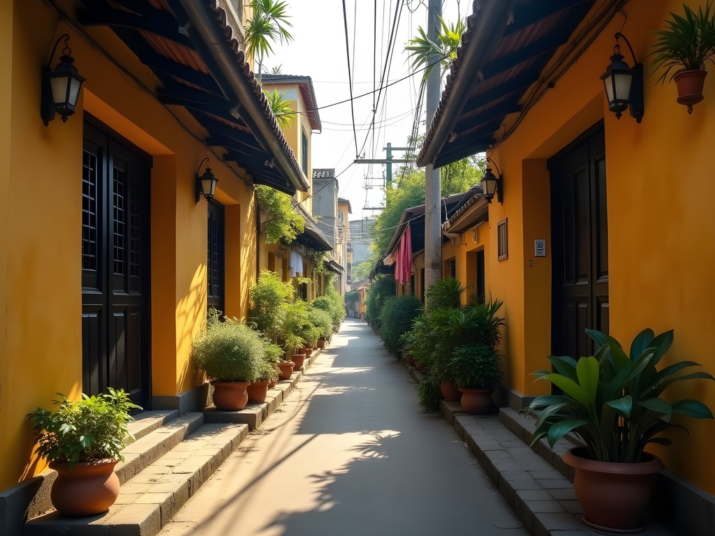 Narrow atmospheric alleyway in Hoi An with traditional yellow walls