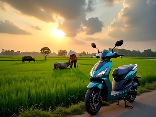 Electric scooter parked beside rice fields near Hoi An countryside