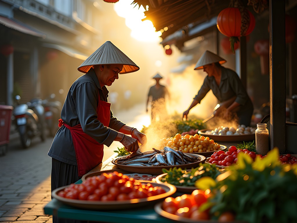Early morning scene at Hoi An central market with local vendors