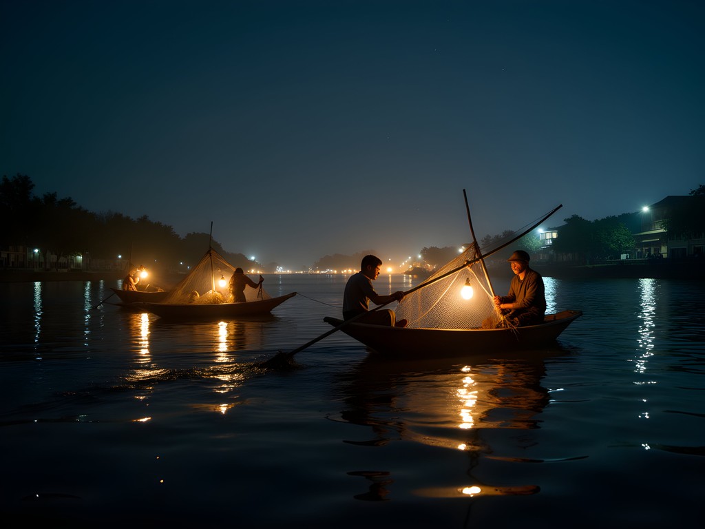 Traditional night fishing on Thu Bon River with basket boats