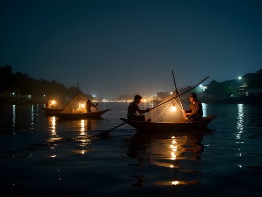 Traditional night fishing on Thu Bon River with basket boats