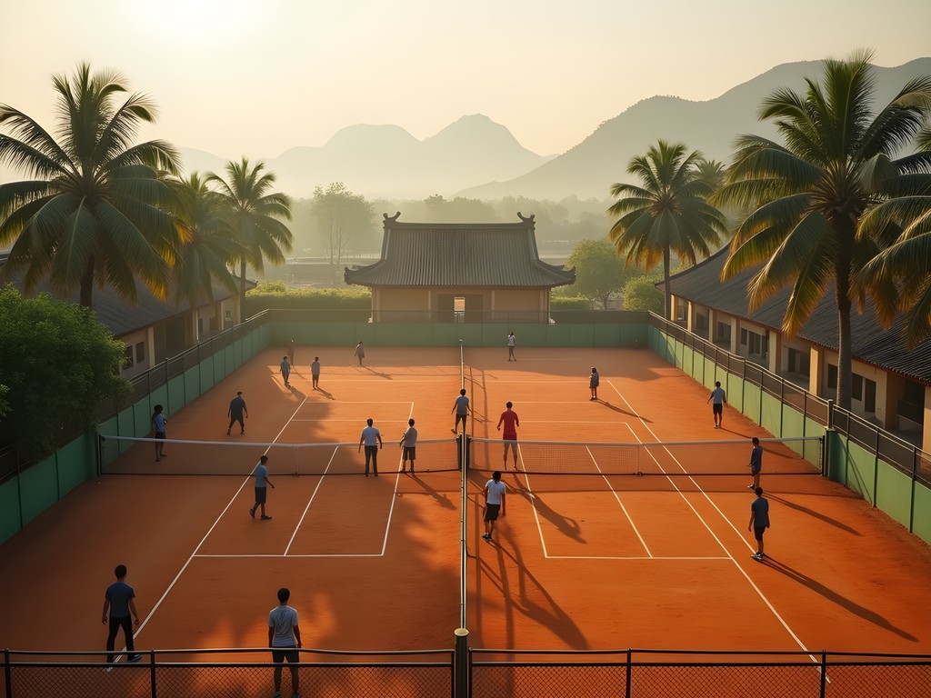 Clay tennis courts near An Bang Beach with local Vietnamese players