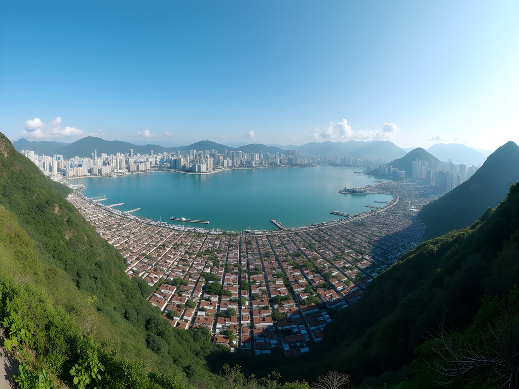 Panoramic view of Peng Chau island with Hong Kong skyline in distance