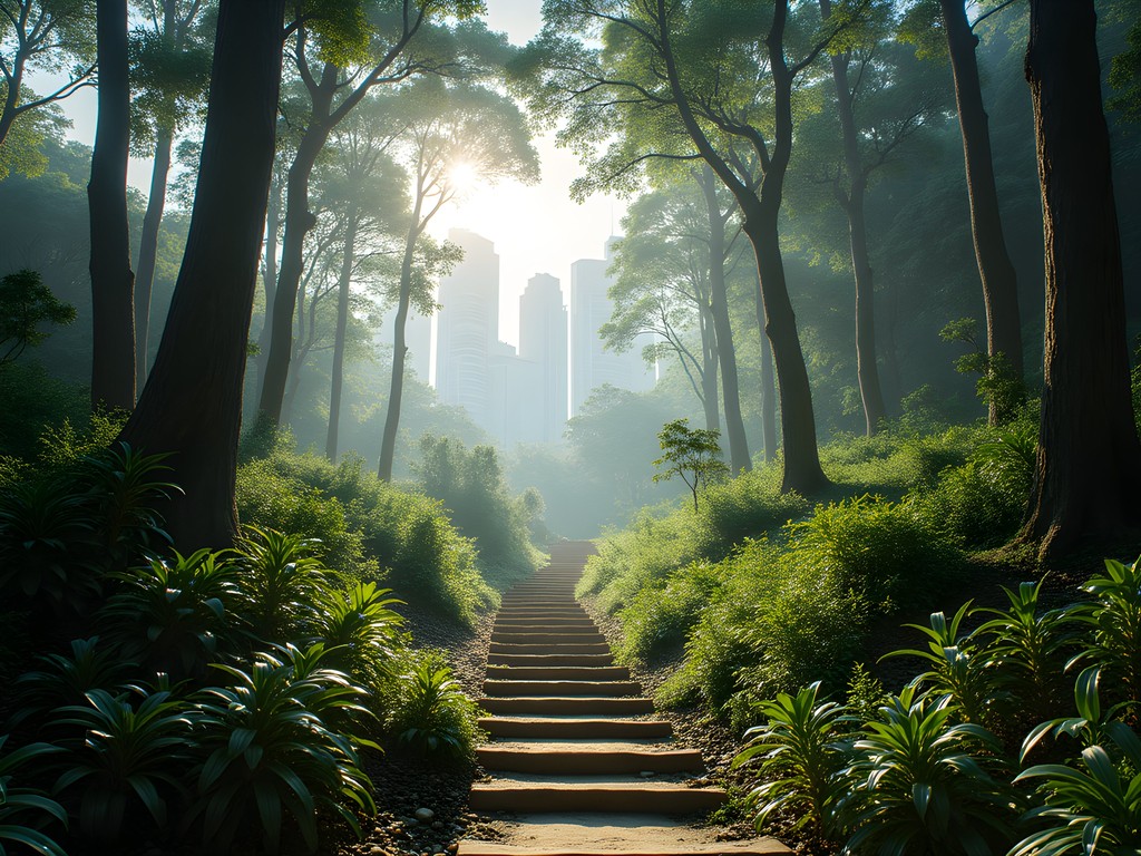 Hiking trail with skyscrapers visible through trees in Hong Kong