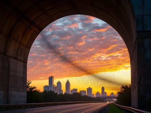 Waugh Drive Bridge bat colony emergence at sunset in Houston with downtown skyline