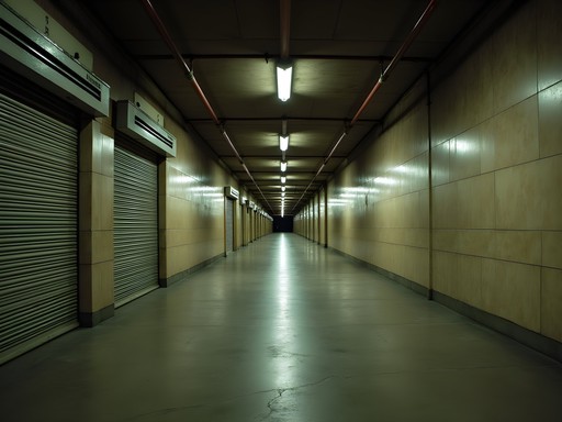 Empty corridor in Houston's underground tunnel system during weekend with dramatic lighting