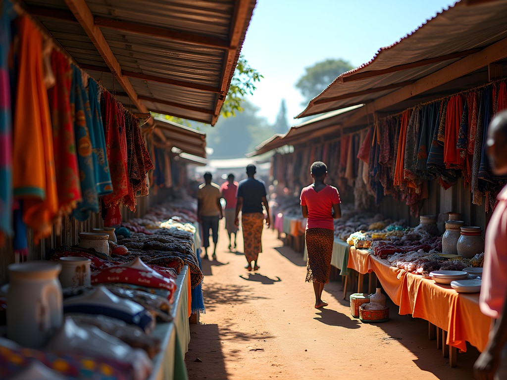 Local market in Chinotimba Township with colorful textiles and crafts