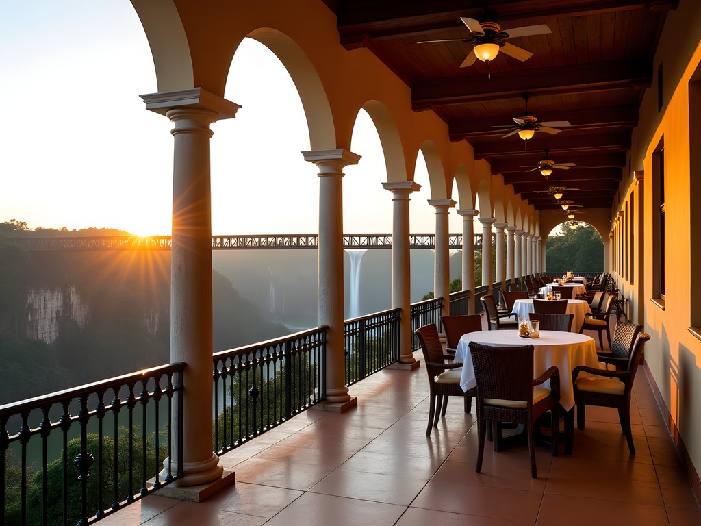 Historic Victoria Falls Hotel with railway memorabilia and bridge view