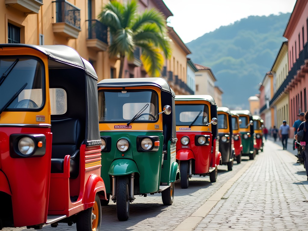 Colorful mototaxis gathered around Plaza de Armas in Iquitos