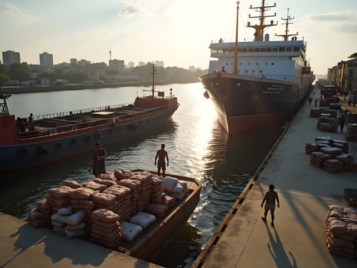 Cargo being unloaded at Iquitos river port showing city supply chains