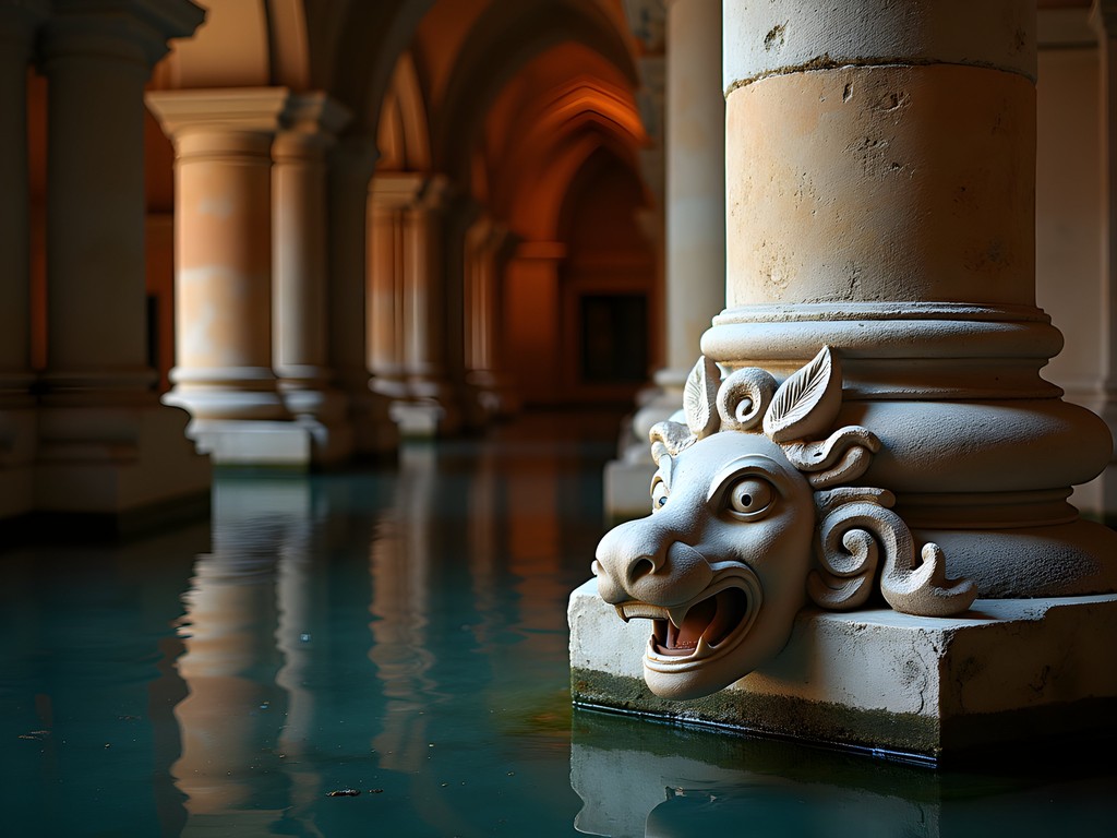 Medusa head column base in Basilica Cistern with dramatic lighting