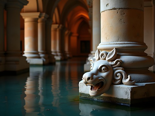 Medusa head column base in Basilica Cistern with dramatic lighting