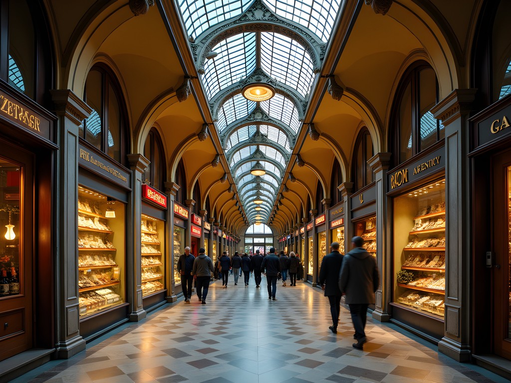 Historic arcade passage in Beyoğlu district with ornate ceiling and shops
