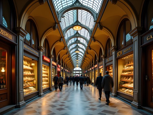 Historic arcade passage in Beyoğlu district with ornate ceiling and shops