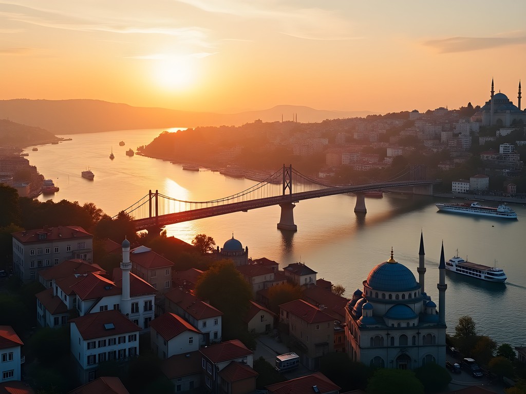 Aerial drone photograph of Istanbul showing Bosphorus strait dividing Europe and Asia